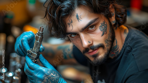 Focused tattooed mechanic examining intricate machinery part in workshop