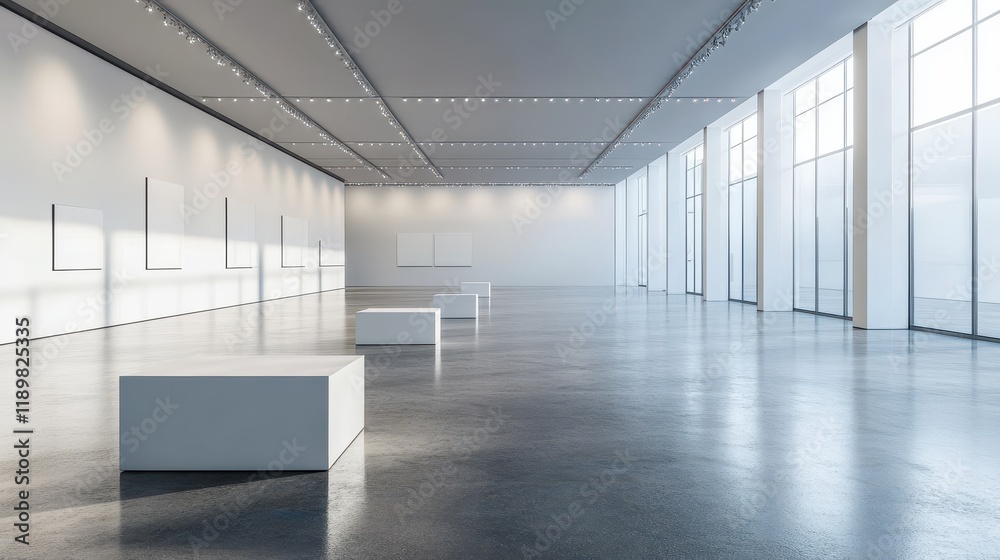 Fototapeta premium A vast gallery interior with an open layout, featuring large white boxes placed on a concrete floor, emphasizing minimalistic design and an expansive, uncluttered space.