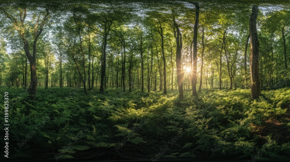 Obraz premium Sunlit forest 360 panorama, ferns, morning, nature, tranquil