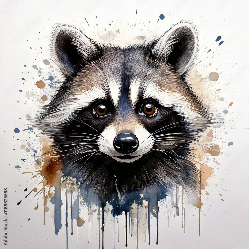 Obraz premium Watercolor illustration of raccoon with ink splash, wild animals, ideal for poster printing or t-shirt printing, or children's books