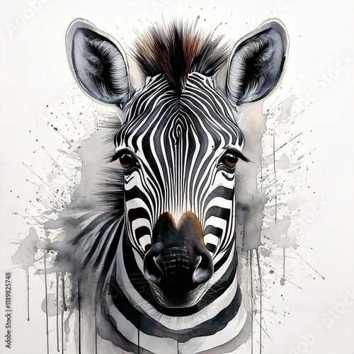 Watercolor illustration of zebra with ink splash, wild animals, ideal for poster printing or t-shirt printing, or children's books photo