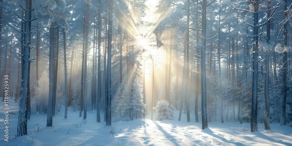 Naklejka premium A serene winter forest with sunlight streaming through snow-covered trees.