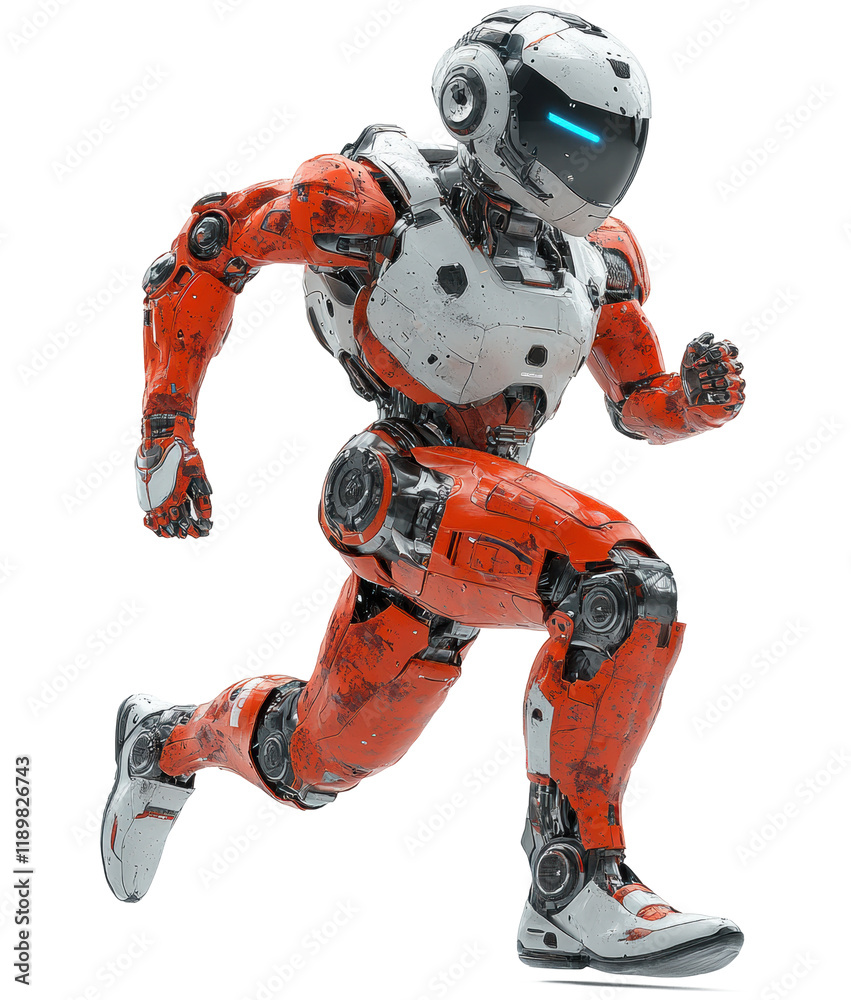 A futuristic man humanoid robot are running  isolate on white background