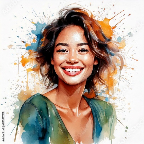 Watercolor illustration of modern, happy, empowered woman with ink splashes, pretty women, winners