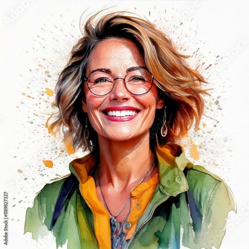 Watercolor illustration of modern, happy, empowered woman with ink splashes, pretty women, winners