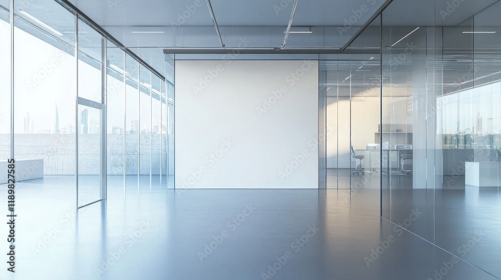 Fototapeta premium A white and glass open space office features a minimalist design with expansive, transparent surfaces and a blank wall, providing a clean and versatile backdrop.