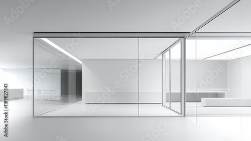 A white and glass open space office features a minimalist design with expansive, transparent surfaces and a blank wall, providing a clean and versatile backdrop. photo