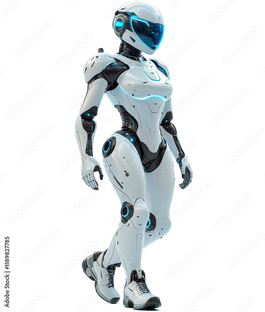 A futuristic woman humanoid robot are running isolate on white background A futuristic woman humanoid robot are running isolate on white background