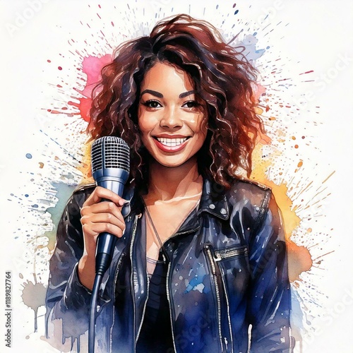 Watercolor illustration of a singer woman with a microphone, in a rock-inspired. ink splashes, vibrant colors, and energetic details. Ideal for music-themed projects, posters, or creative designs