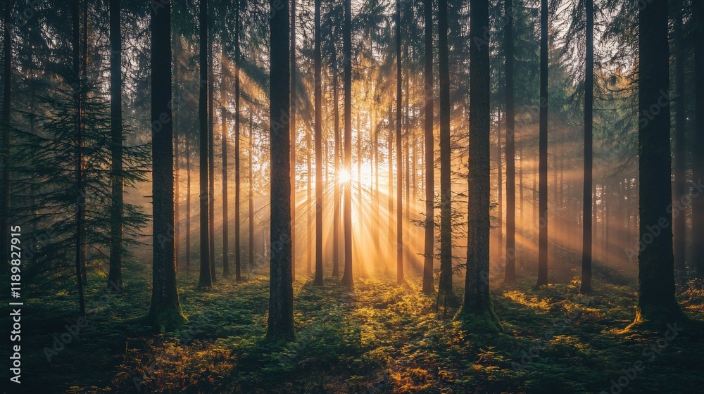 Golden Rays of Sunrise in a Mystical Forest