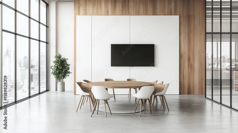 A white and wood office meeting room corner features a modern TV for presentations or video conferencing. A white and wood office meeting room corner features a modern TV for presentations or video conferencing.
