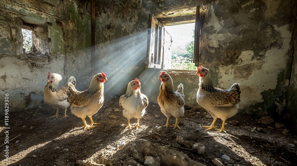 Sunbeams Illuminate Rustic Coop: Five Hens Bask in Golden Light Sunbeams Illuminate Rustic Coop: Five Hens Bask in Golden Light