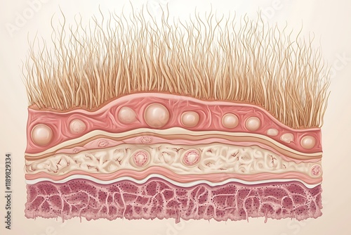 A detailed illustration of hair and skin layers. Shows follicles, glands, and dermal structures.