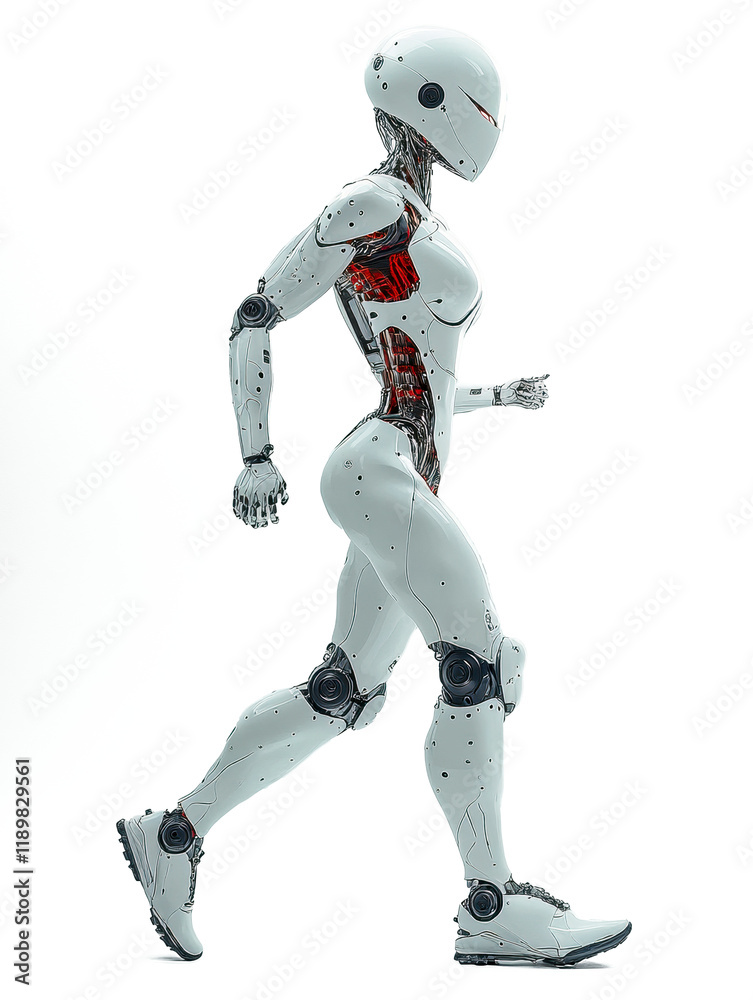 A futuristic woman humanoid robot are running isolate on white background A futuristic woman humanoid robot are running isolate on white background