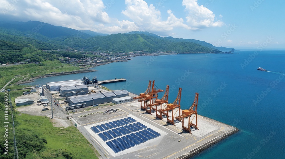 Fototapeta premium Coastal Industrial Park with Solar Panels and Cranes