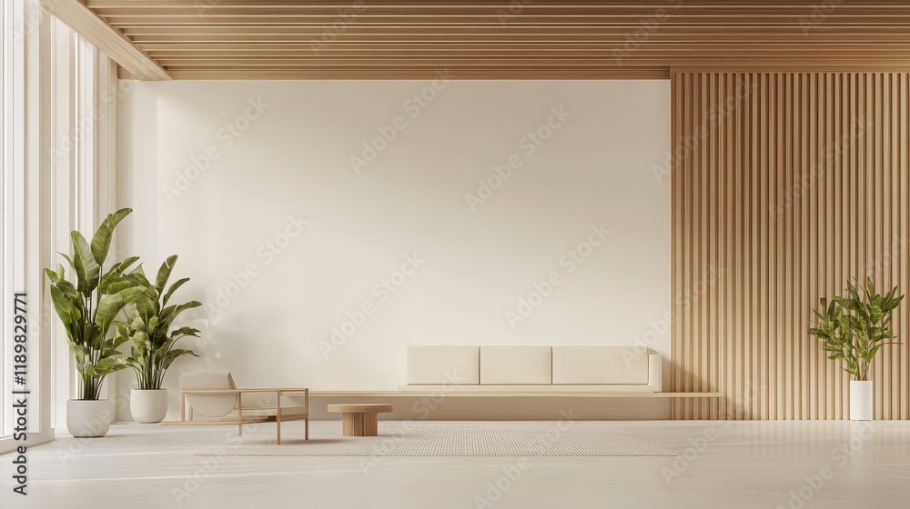 Fototapeta premium A white and wooden open space office interior features a mock-up wall, showcasing a clean and modern workspace.