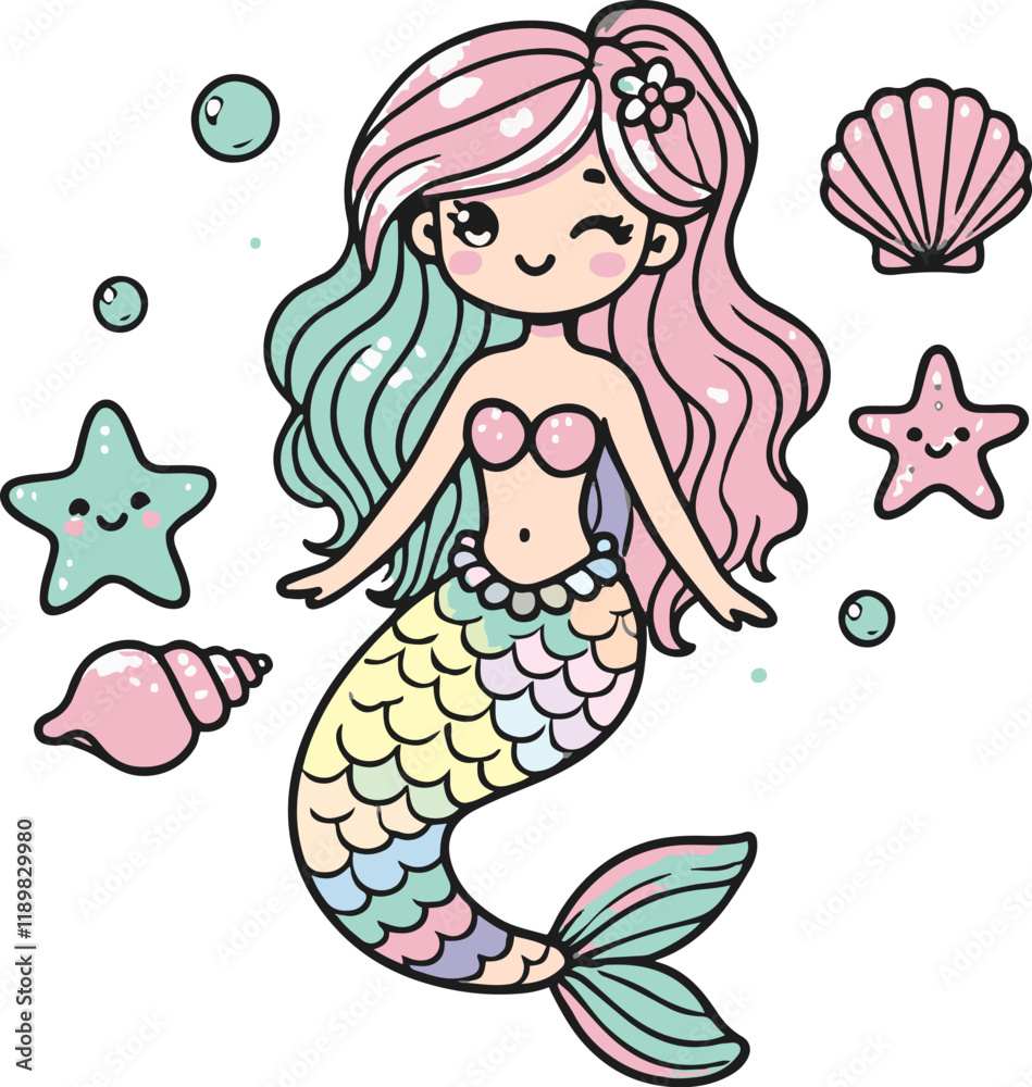 Cute cartoon girl mermaid with long hair, a smiling face Cute cartoon girl mermaid with long hair, a smiling face