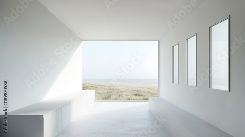 A white home bedroom interior featuring a bed and a lounge zone, with a window providing natural light. photo