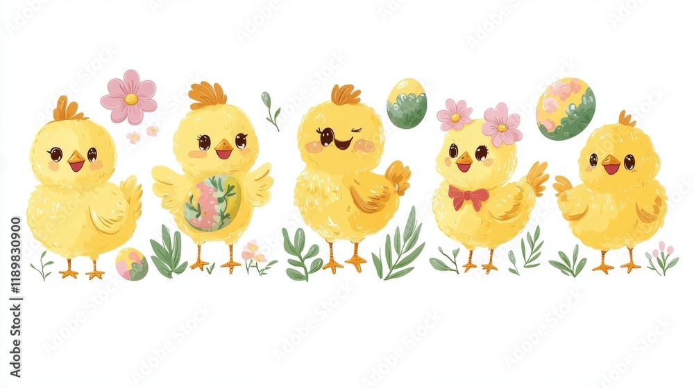 Easter card with cute yellow chickens and flowers. Easter card with cute yellow chickens and flowers.