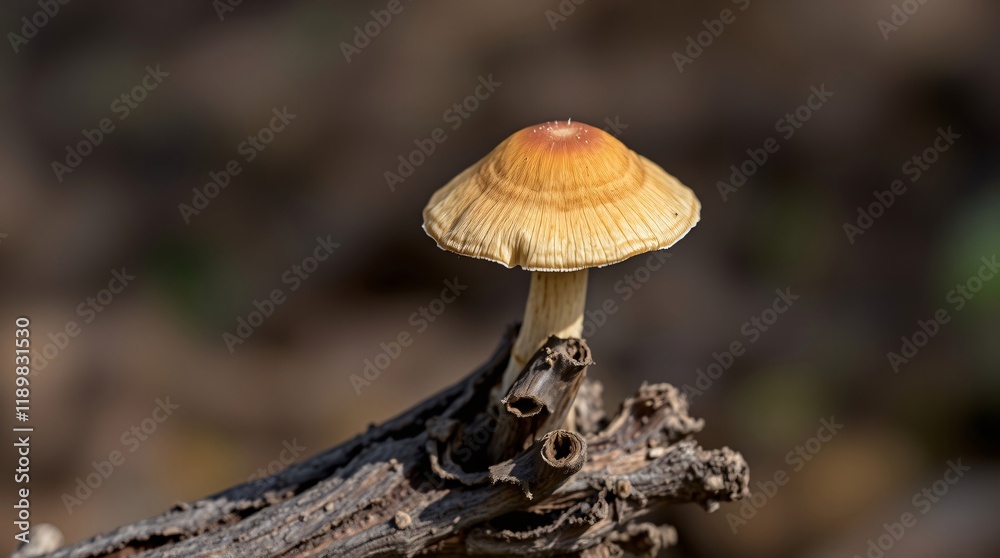 Fototapeta premium Mushroom growing on sunlit decayed wood in a natural forest setting
