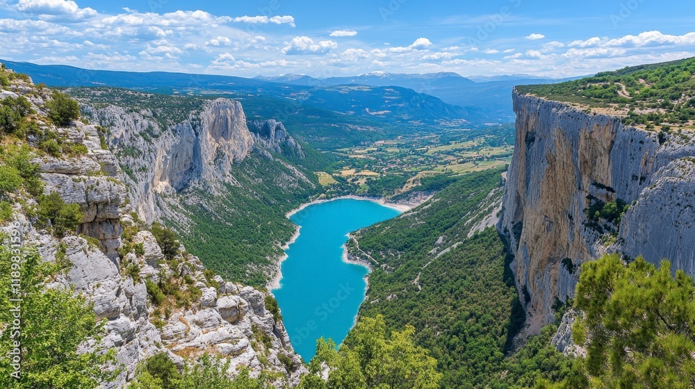 An adventurous rock climber scaling the cliffs of the Gorges du Verdon, with the valley stretching out below. An adventurous rock climber scaling the cliffs of the Gorges du Verdon, with the valley stretching out below.