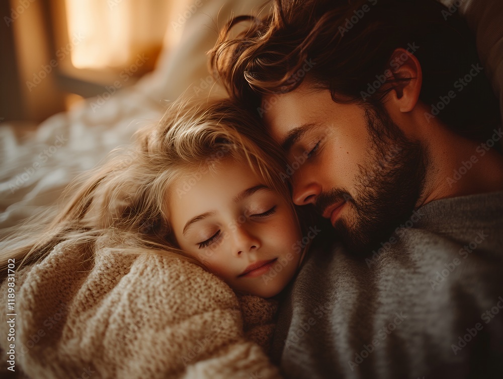 A heartwarming image of a father and his daughter sleeping peacefully together, showcasing the bond of love and care. A heartwarming image of a father and his daughter sleeping peacefully together, showcasing the bond of love and care.