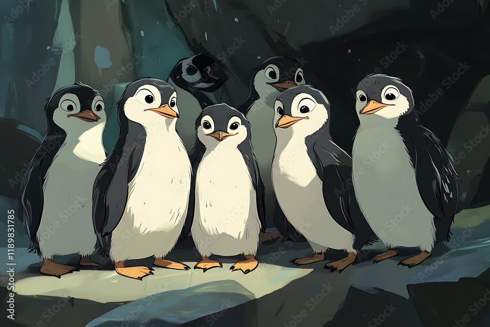 Obraz premium A group of cartoon-style penguins standing together in a whimsical setting.