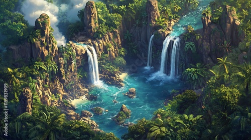 Twin Waterfalls in a Lush Tropical Jungle