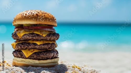 A beautifully stacked spicy cheeseburger, garnished with chili flakes, placed on a beach blanket near turquoise waters. photo