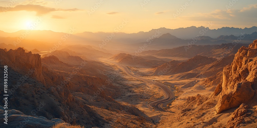 Fototapeta premium Desert sunset, mountain road, scenic vista. Travel poster