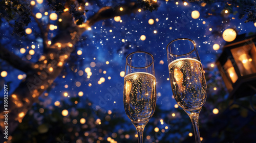 Joyful Champagne Toast Under a Starry Night Sky Celebrating Success at an Elegant Garden Party