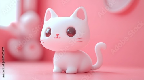 Cute white cat doll on pink background