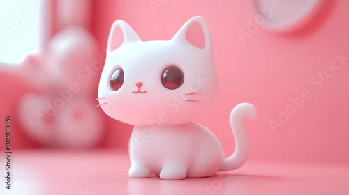 Fototapeta Cute white cat doll on pink background
