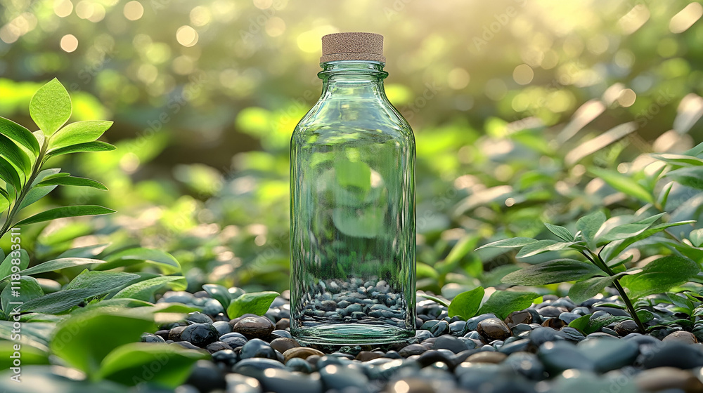 Glass bottle nestled among lush green leaves and smooth stones bathed in sunlight Glass bottle nestled among lush green leaves and smooth stones bathed in sunlight