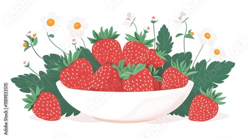 Fresh Strawberries in Bowl with Blooming Strawberry Plants photo