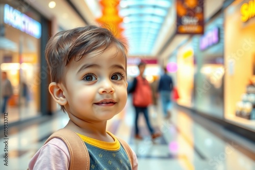 A young child with bright eyes smiles happily while exploring a bustling shopping mall. Family members stroll nearby, creating a joyful atmosphere for all