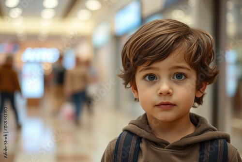 A young child stands at a shopping mall, looking curiously around. The busy mall is filled with families and shoppers exploring various stores and attractions