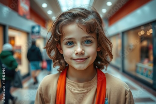 A young child beams with joy while exploring the busy shopping mall, surrounded by family and various stores, creating a lively atmosphere of engagement