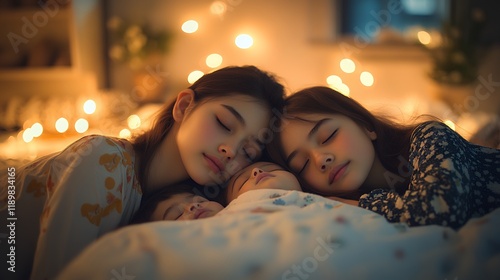 Three siblings, a young girl, older girl and baby peacefully sleeping together, embraced in warmth and love.
