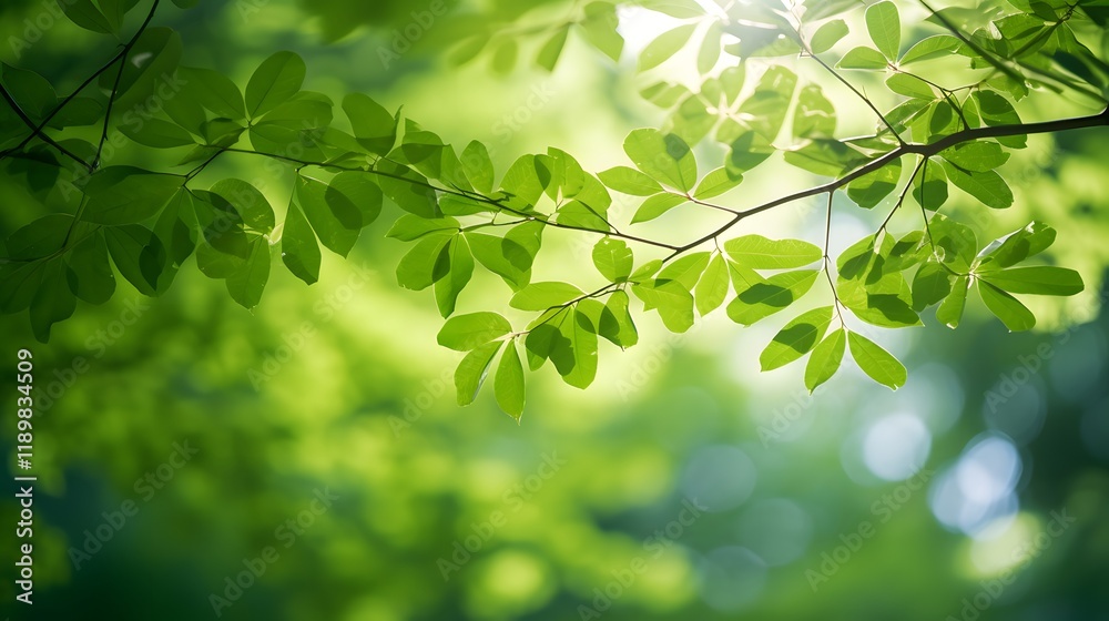 Sunlit green leaves branch, forest background, nature backdrop, spring Sunlit green leaves branch, forest background, nature backdrop, spring