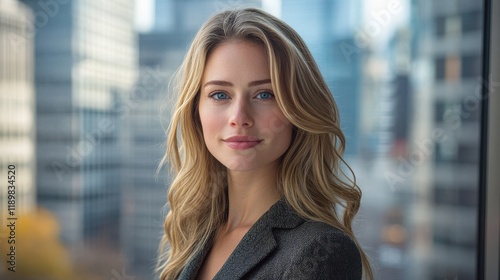 A woman with blonde hair and blue eyes is standing in front of a building. Generative AI Free Download A woman with blonde hair and blue eyes is standing in front of a building. Generative AI - GFXLoad