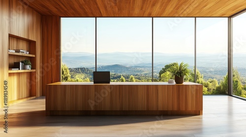 A wooden business interior featuring glass rooms and an open door, designed for a collaborative meeting space. photo