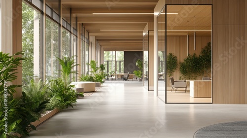 A wooden business interior featuring glass rooms and an open door, designed for a collaborative meeting space. photo