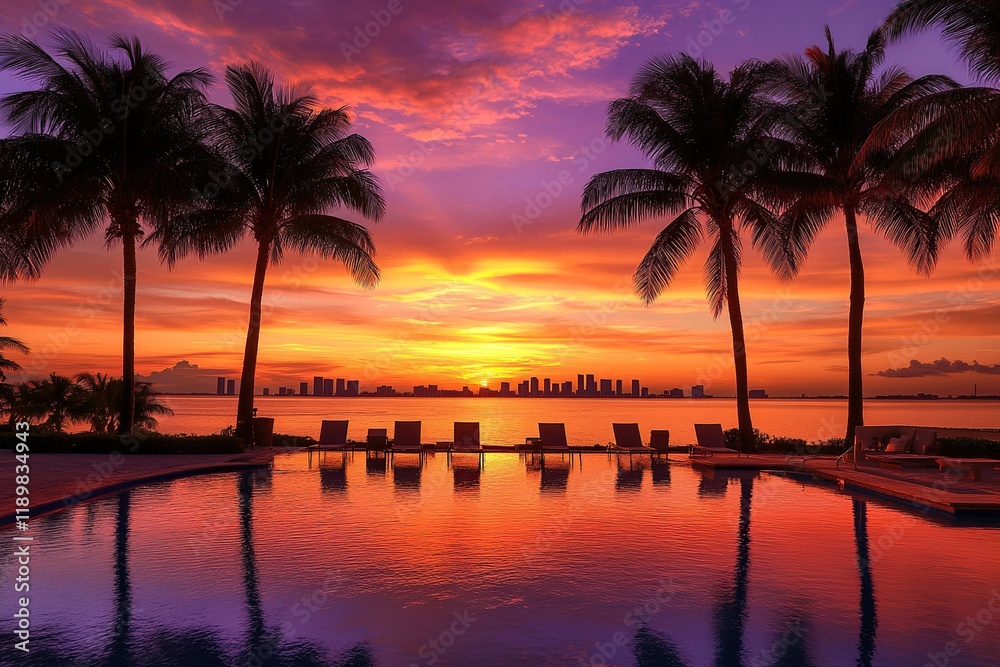 Spectacular Sunset over Ocean, City Skyline Reflected in Pool Water, Palm Trees Silhouetted Against Vibrant Sky, Tranquil Vacation Paradise.
