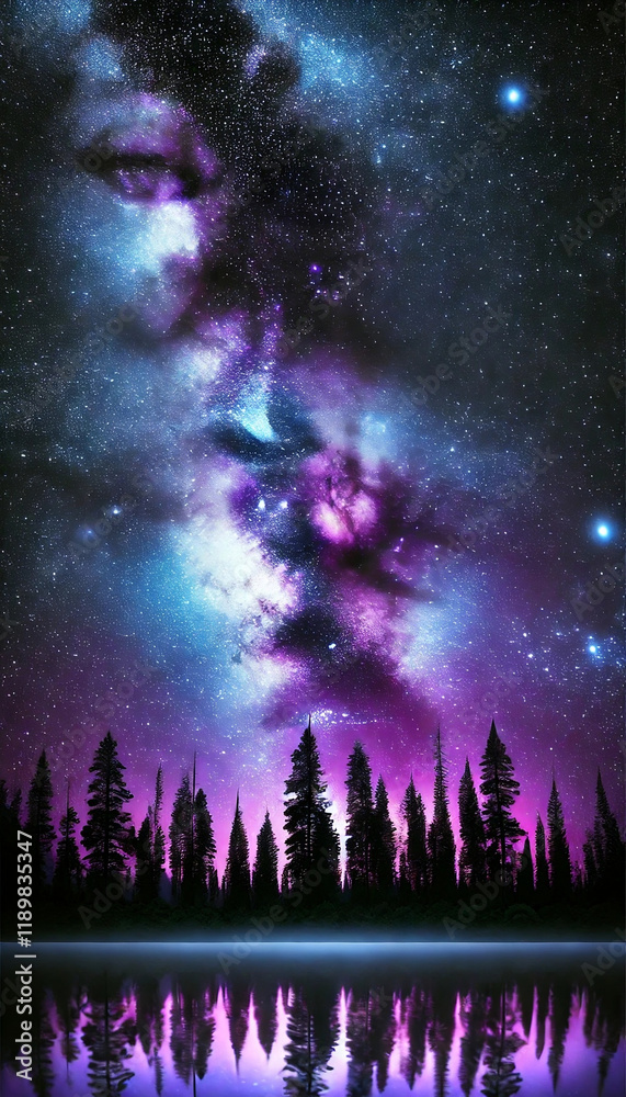 Naklejka premium Starry Night Over a Forest and Lake