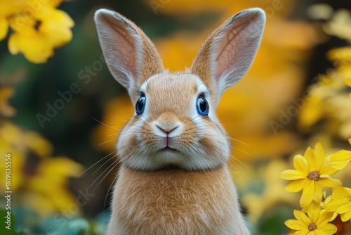 A cute rabbit with blue eyes surrounded by vibrant yellow flowers. photo