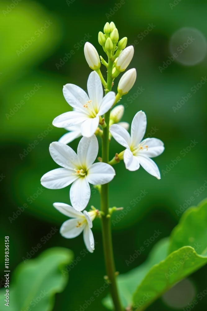 Delicate white flowers on a slender stem in a garden, garden feature, bloom, blossom of Paulownia Fortunei Delicate white flowers on a slender stem in a garden, garden feature, bloom, blossom of Paulownia Fortunei