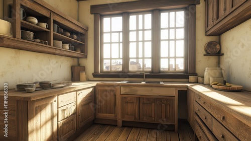 A wooden home kitchen interior featuring a cooking cabinet and a bar island, complemented by a mockup wall for design flexibility. photo