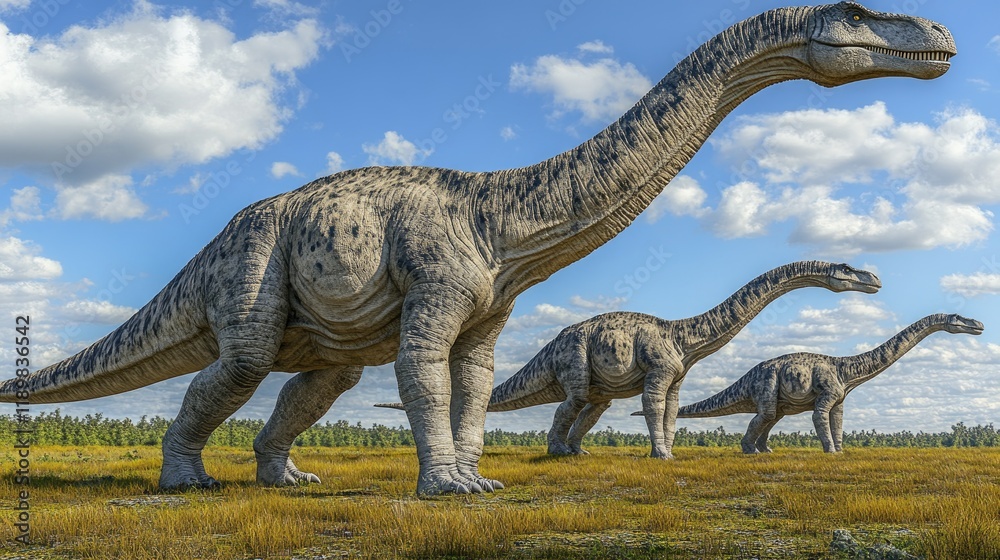 Obraz premium Dinosaurs Roaming a Vast Grassland Under a Blue Sky with Lush Greenery and Distant Mountains