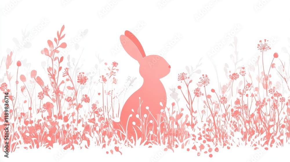 Obraz premium A festive Easter card design with floral elements and a bunny silhouette.